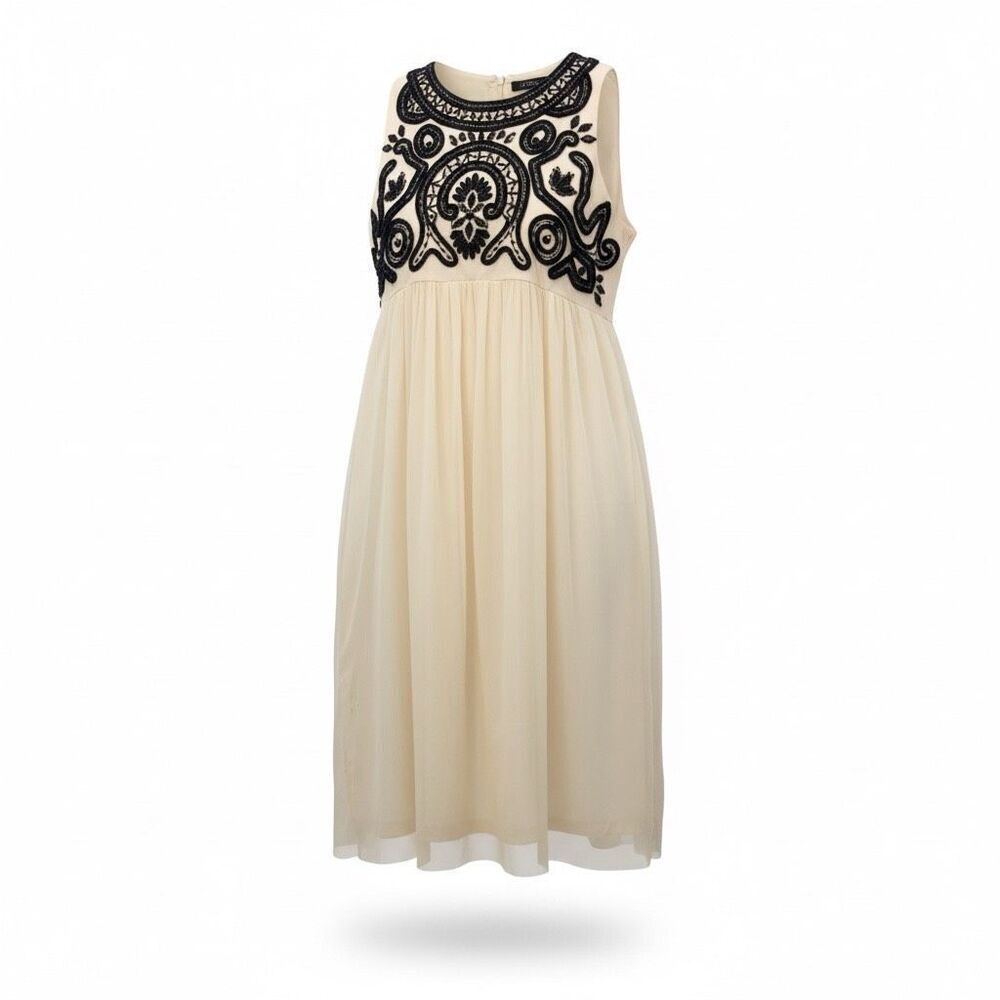 Anthropologie Vineet Bahl Ivory Black Beaded Embellished Tulle Dress Size large